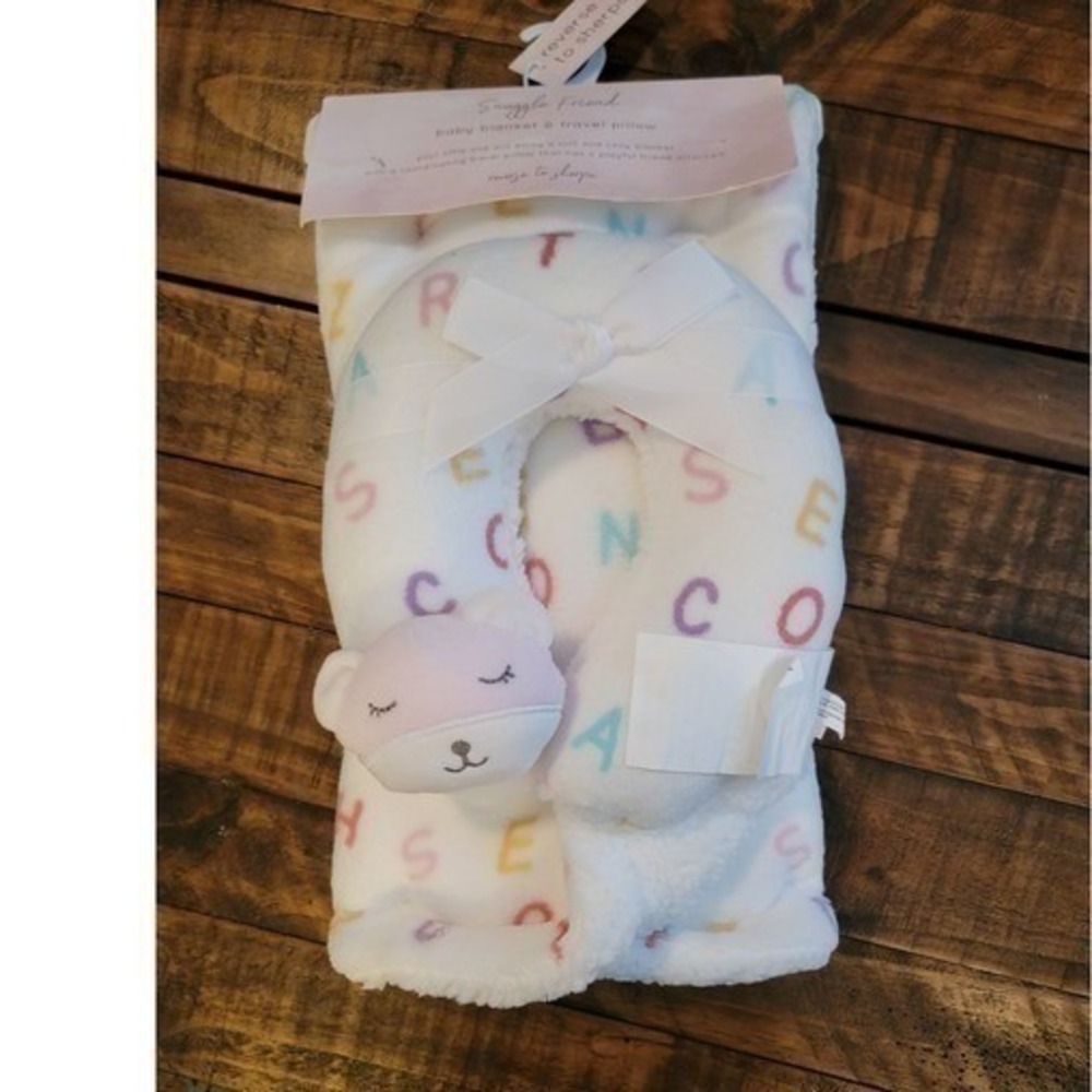 Snuggle‎ Friend Baby Blanket Travel Pillow Set Pink Bear ABC Sherpa Cozy Kids